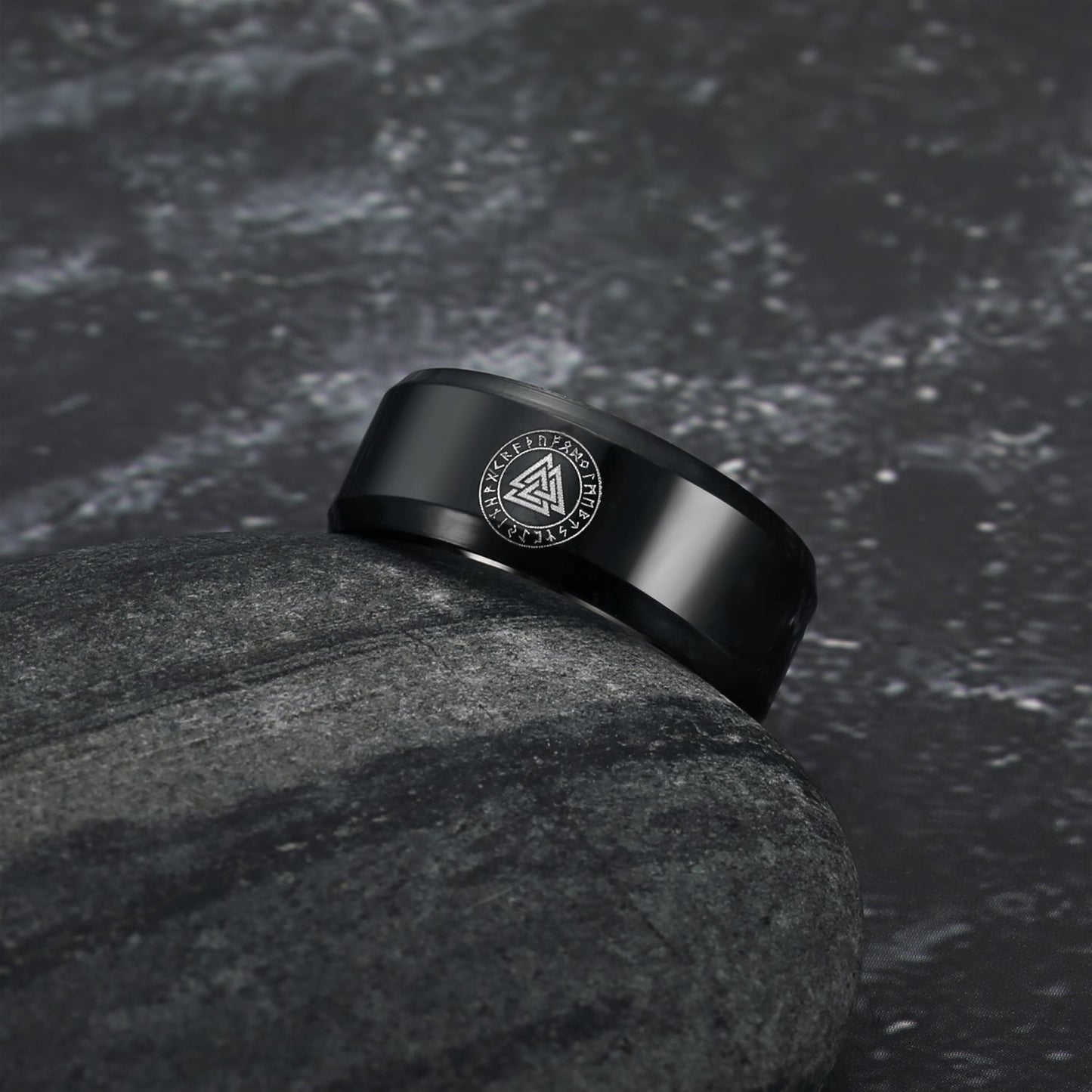 Nordic Pride Black Handcrafted Stainless Steel Valknut Symbol and Rune Ring