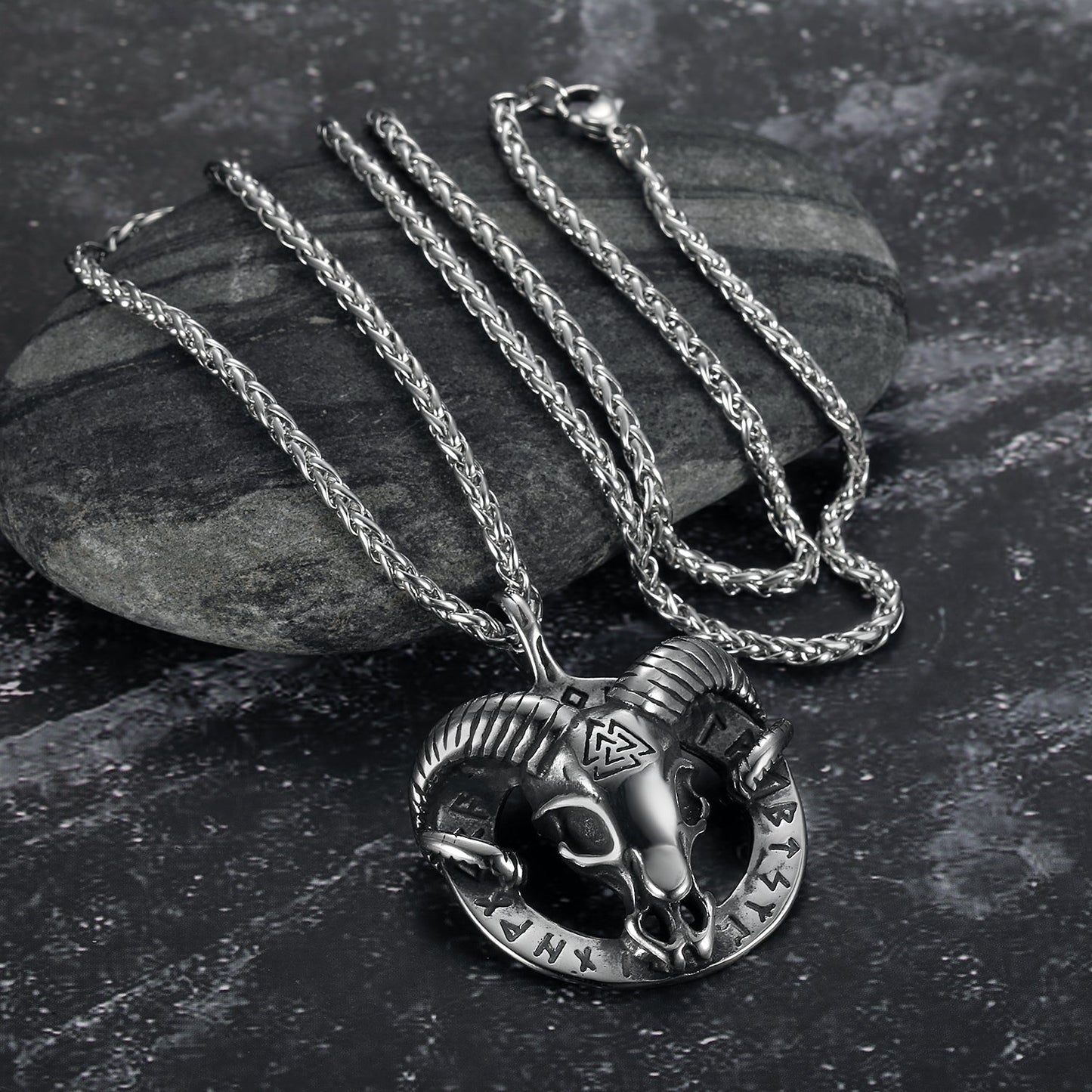 Nordic Pride Handcrafted Stainless Steel Goat Head Pendant & Chain with Valknut Symbol and Runes