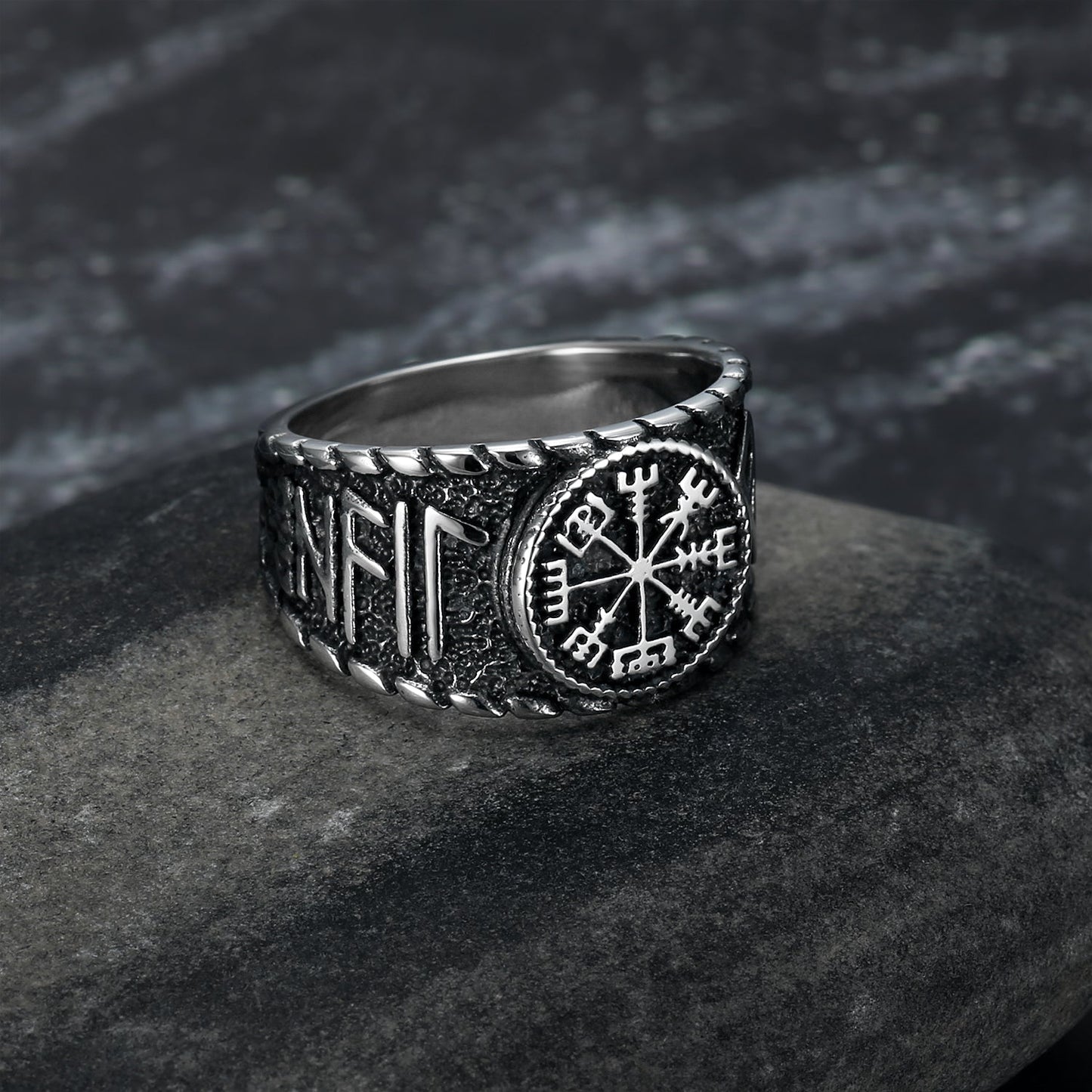 Nordic Pride Handcrafted Stainless Steel Icelandic Stave and Runes Ring